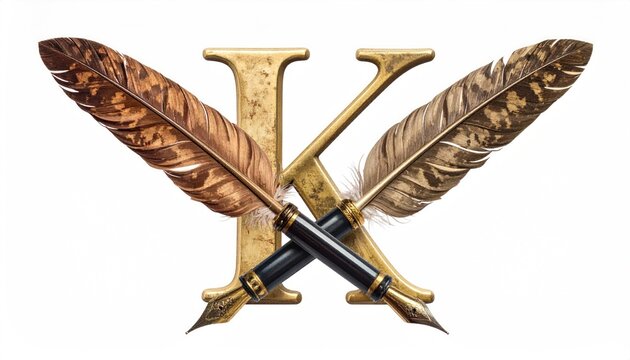 Golden Letter X with Rustic Feathers and Quills Crossing