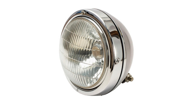 Classic round metallic silver industrial car headlight lamp component hardware isolated on transparent background