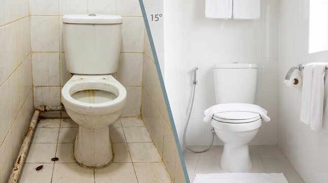 Before and After of a Dirty Stained Toilet in an Old Bathroom Transformed into a Clean Modern White Washroom. Split screen dirty clean toilet. Dirty Toilet Cleaning Bathroom Renovation