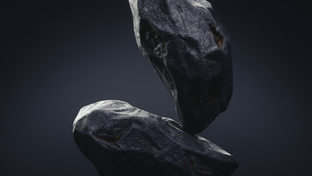 Premium 3D render of a product podium. Two smooth black stones on a dark background with artistic studio lighting. Minimalist CGI mockup scene for luxury cosmetic or jewelry display presentation.
