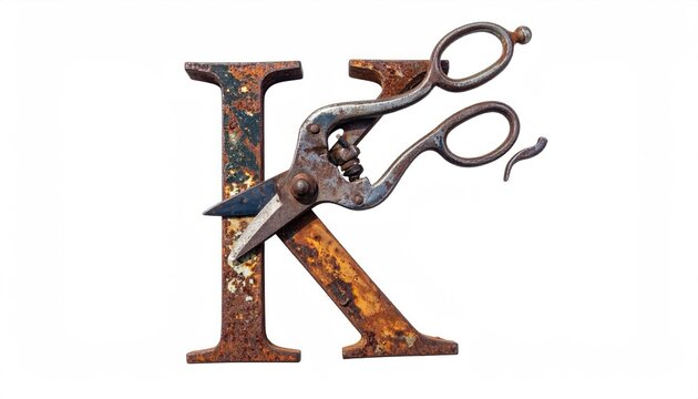 Rusty Letter K with Scissors Resting on It