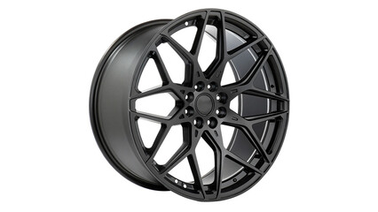 Modern black metallic multi spoke car wheel rim hardware component isolated on transparent...