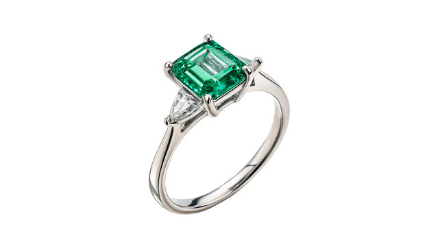 Luxury elegant silver wedding ring with large green emerald gemstone isolated on transparent background