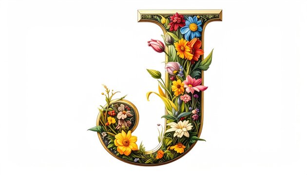 Floral Letter J with Colorful Garden Blooms