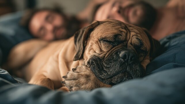 Low‑angle detailed shot of sleeping tan dog with black muzzle and wrinkled skin, paw tucked under chin, out‑of‑focus sleeping man on muted blue bed sheets background