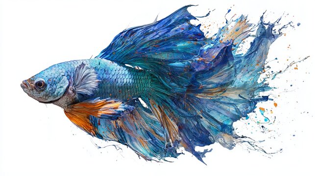 Vibrant blue betta fish displaying intricate fin details with flowing watercolor paint splashes and artistic motion on isolated white canvas