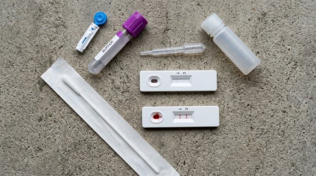 Rapid diagnostic blood test kit showing positive results with two lines on cassette beside medical buffer solution lancet pipette and swab tools laid on gray stone surface for medical diagnostic test.