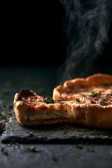 Fototapeta premium Goat Cheese Tart with Dramatic Steam and Thyme on Black Slate