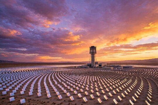 Vast Solar Power Plant Under Dramatic Sunset Sky.