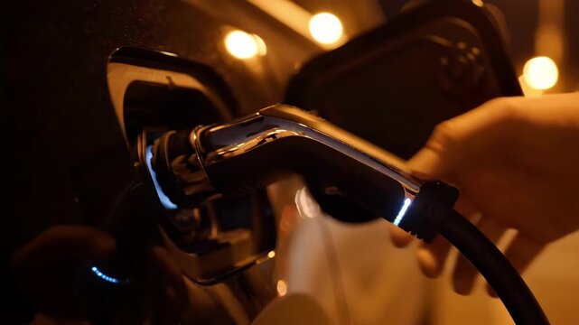 Charging an electric vehicle at night in a city location