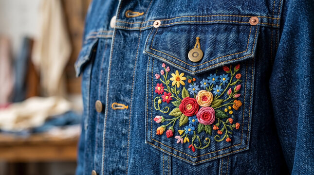 Embroidery on denim jacket pocket featuring colorful floral design with vibrant flowers and leafy embellishments. Unique embroidery adds character to denim jacket and reflects creative artisan craft.