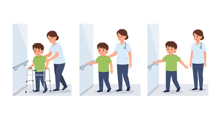 Fototapeta premium Physical Therapy Progression: Child with Walker, Handrail, and Independent Walking