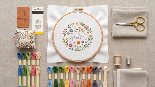 Embroidery tools flat lay with colorful threads, scissors, and finished fabric art displayed on textured surface. Embroidery project includes essential supplies like pins, needle,
