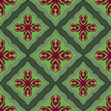 Red burgundy floral damask geometric seamless pattern green background,pattern, seamless, damask, geometric, burgundy, green.