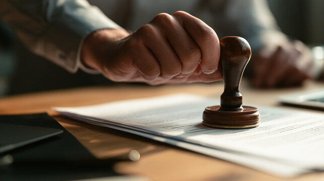 Close up of a hand pressing a wooden stamp on important legal document