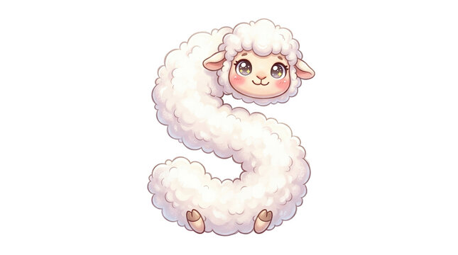 Cute sheep letter S, fluffy white lamb alphabet character, adorable animal typography for nursery decor and children education