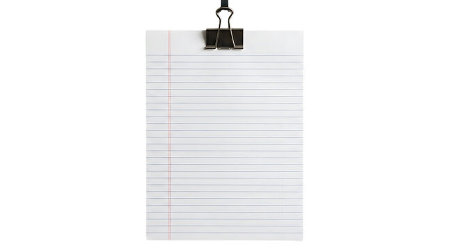 Lined white paper sheet held by black metal binder with stationery, document