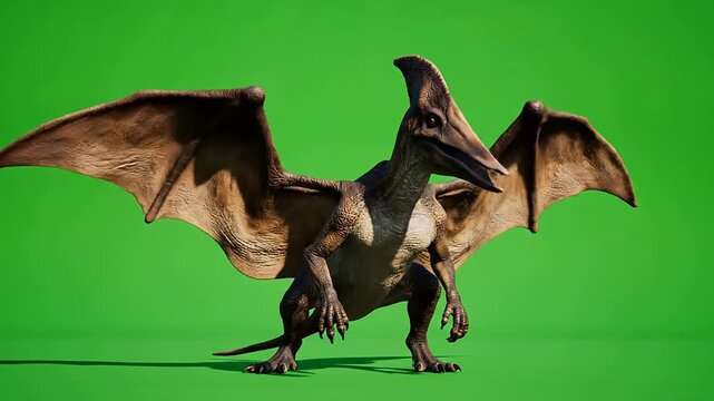Highly Detailed 3D Model of a Pterosaur Creature with Large Wings on Vibrant Green Background for VFX Animation and Motion Graphics