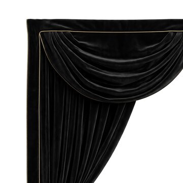 Elegant black velvet curtain swag with draped fabric folds isolated on a clean white background