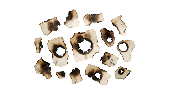 Set of burnt paper fragments with holes burnt out fragments isolated background
