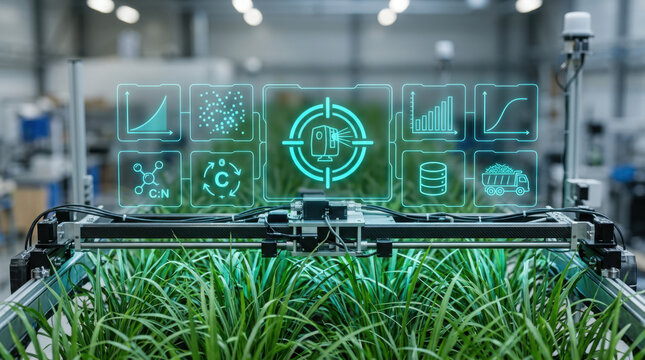 Detailed photorealistic view of an advanced biomass accumulation platform with a glowing holographic interface analyzing miscanthus energy crops in a futuristic laboratory