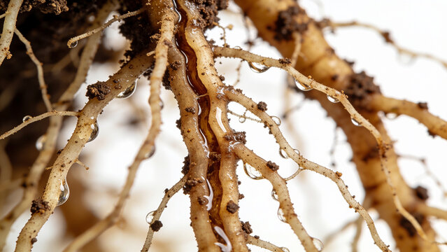 Closeup of plant roots showing water uptake and moisture in soil for irrigation