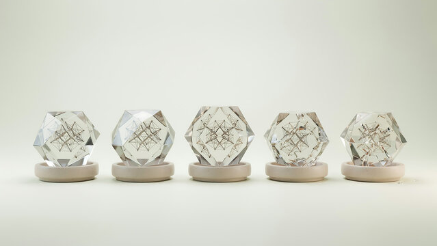 Set of five crystal glass geometric shapes on neutral bases with geometric transparent sculpture minimalism abstract prismatic
