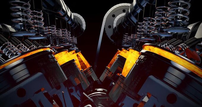 Powerful V8 engine internal combustion pistons moving fast with fire sparks. Detailed 3D render of active V8 engine animation.