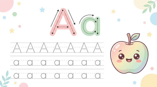 Educational alphabet tracing worksheet for letter A, handwriting practice page with cute kawaii apple, preschool learning activity