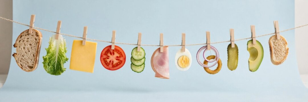 Various food items and ingredients hanging on a clothesline against a blue background.