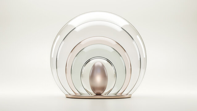 Abstract concentric layered glass sphere structure featuring a glowing metallic core on clean white background abstract concentric