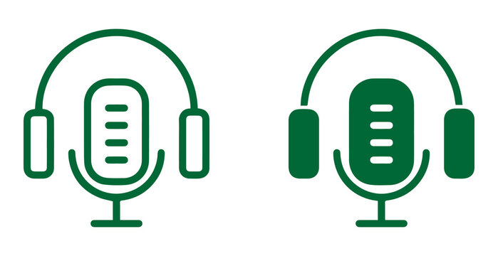 Podcast microphone and headphones audio recording communication streaming studio equipment icon PNG.