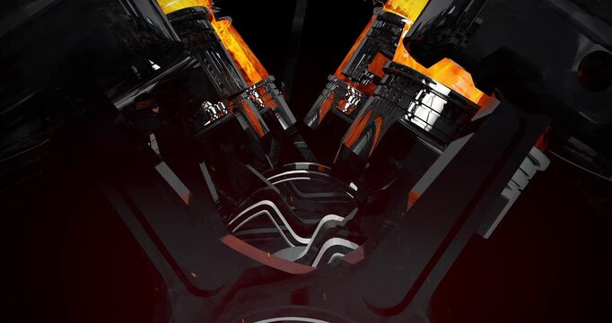 3D animation of V8 engine sports car driving then zooming into engine block. Detailed 3D render of active V8 engine animation.