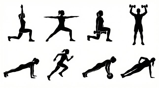 Fitness exercise silhouette icons with yoga, lunges, weightlifting, sprinting, push‑ups, planking, strength flexibility endurance workout graphics.