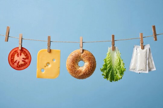 Creative Food Ingredients Hanging on Clothesline Against Blue Background.