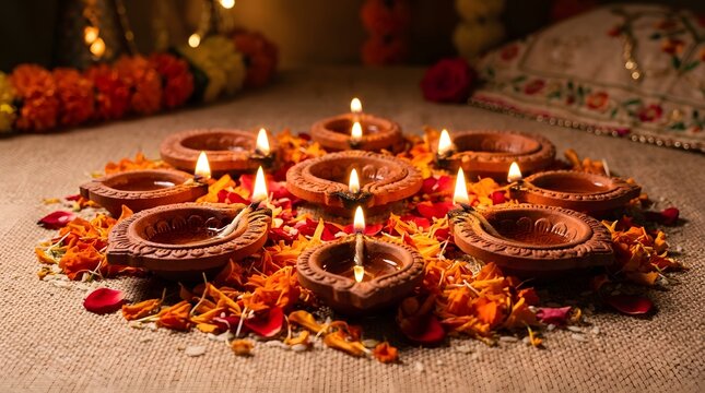 Traditional clay diya lamps arranged with marigold flowers and rose petals for diwali festival decoration