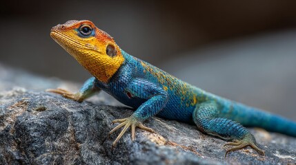 Fototapeta premium Vibrant agama lizard featuring brilliant orange head and textured blue scales captured in sharp macro detail with natural light exposure