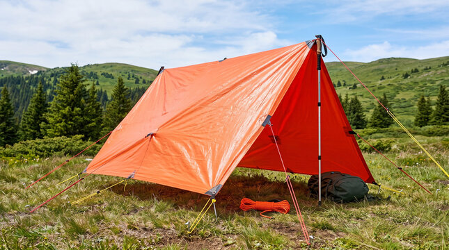 Emergency shelter tarp resisting wind in outdoor mountain setting  