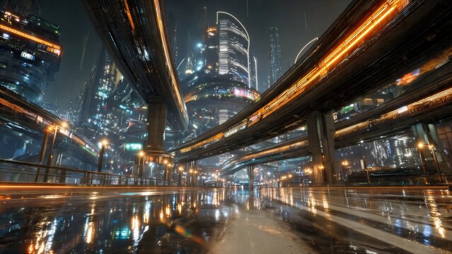 Futuristic Cyberpunk Cityscape with Elevated Highways at Rainy Night