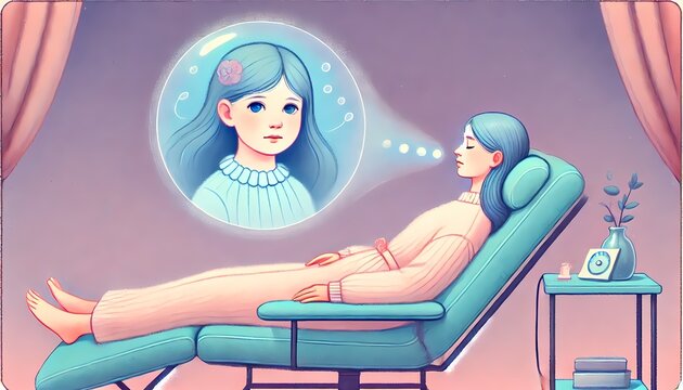 Hypnotherapy and Inner Child Visualization &ndash; Woman Recalling Her Childhood Self During Therapy