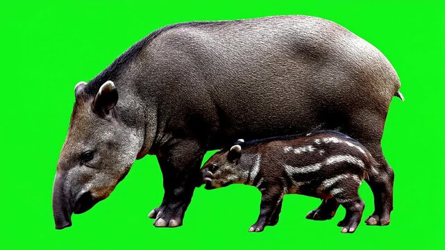 Mother And Baby Tapirs On Vibrant Green Background Showcasing Unique Features And Bonding In Nature