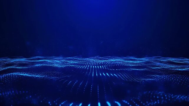 Abstract blue digital wave field with glowing particles moving in cinematic motion during a futuristic digital ocean concept