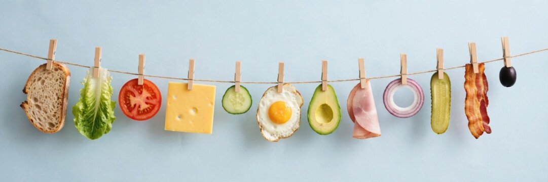 Various Food Ingredients Hanging on a Clothesline Against a Blue Background.