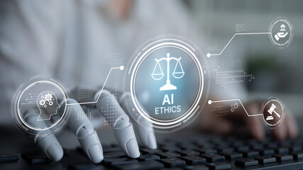 Fototapeta na wymiar AI ethics ensures fairness, transparency, and responsibility in intelligent systems, guiding safe and trusted AI integration in society. Artificial intelligence spline