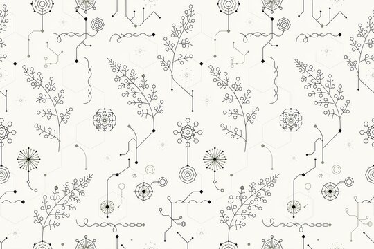 Minimalist seamless pattern with black line botanical branches, geometric flowers, and circuit board style connections on a white background