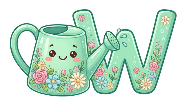 Kawaii watering can and letter W illustration, cute floral garden character, mint green alphabet art with spring flowers isolated PNG with Transparent Background