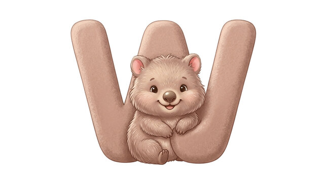 Cute wombat letter W illustration, soft brown animal alphabet character, nursery art for children education and decor isolated PNG with Transparent Background