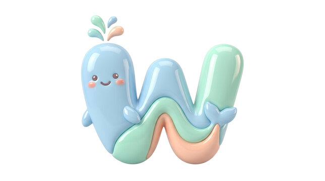 Cute whale letter W, 3D cartoon alphabet character, pastel blue and mint nautical typography for nursery decor isolated PNG with Transparent Background