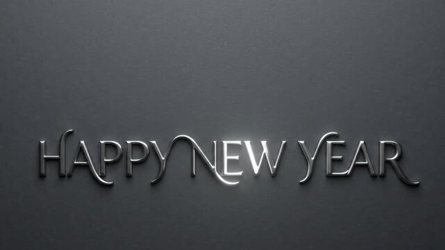 metallic happy new year text with subtle shimmer and sparkling light on dark textured background