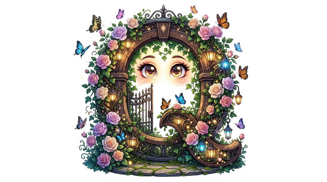 Whimsical letter Q garden archway, floral alphabet initial with roses and butterflies, fantasy secret garden gate illustration isolated PNG with Transparent Background